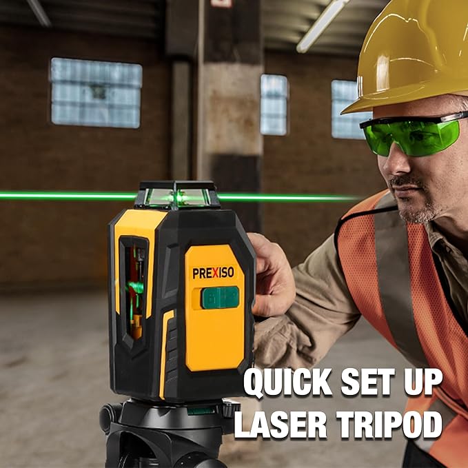 PREXISO 360° Laser Level with Tripod, 100Ft Cross Line Leveler- Green Horizontal Line Laser Level Self Leveling for Construction, Floor Tile Renovation with Target Plate, Green Glasses, 4 AA Batteries