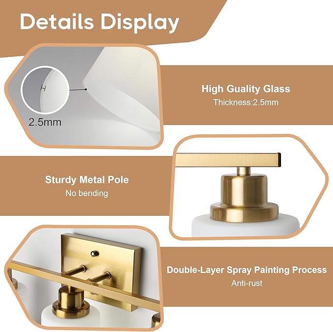 Ascher Bathroom Light Fixtures, 3-Light Vanity Light Over Mirror, Gold Wall Sconces with Milky White Frosted Glass Shades, Wall Lamp for Living Room Bedroom, E26 Base(Bulbs Not Included)
