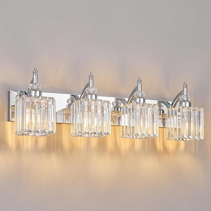 Crystal Vanity Lights Chrome 4 Light Bathroom Light Fixtures Over Mirror Modern Vanity Light for Bathroom