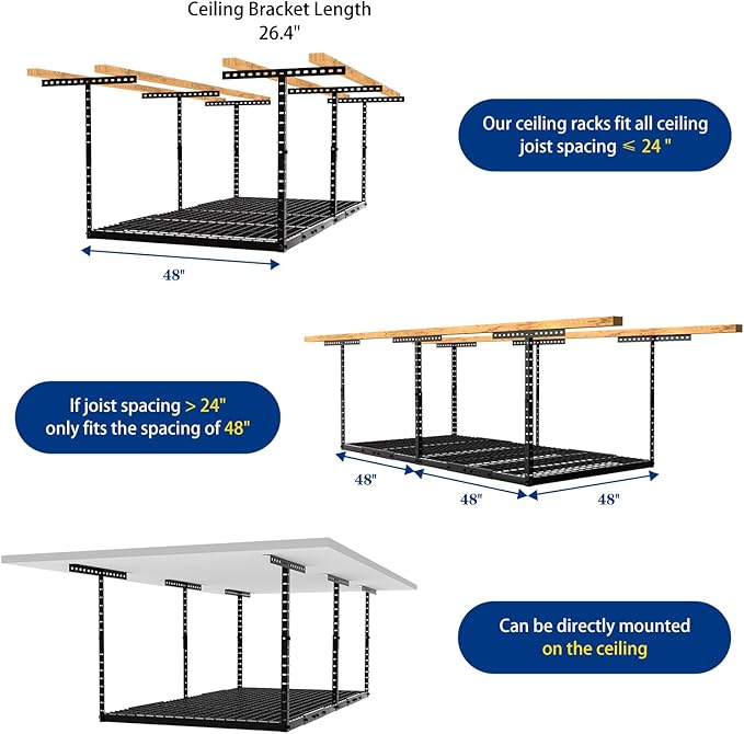 4x8 Overhead Garage Storage Rack with 4 Extra Hooks – Adjustable Heavy-Duty Garage Ceiling Storage Racks (22"-40"), Holds 600 lbs, 22 lbs per Hook, Steel Hanging Organizer for Tools, Bins & Bikes
