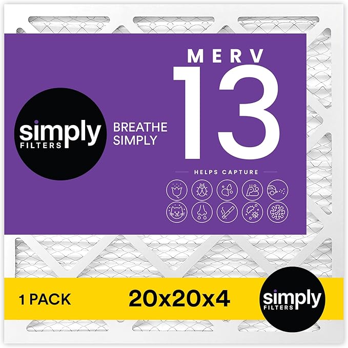 Simply 20x20x4 Air Filter, MERV 13, MPR 1500, 1 Pack, Furnace Air Filter for HVAC (Actual Size:19.5"x19.5"x3.63") DUST, Pet, & Allergy Control
