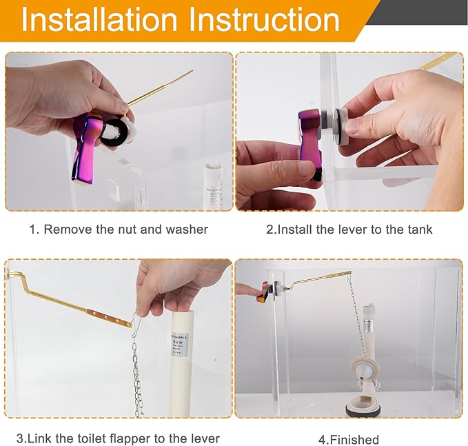 Hibbent Universal Metal Side Mount Toilet Handle Replacement Kit, Brass Toilet Flush Tank Lever with Stainless Steel Flapper Chains for Most Toilets, Rainbow