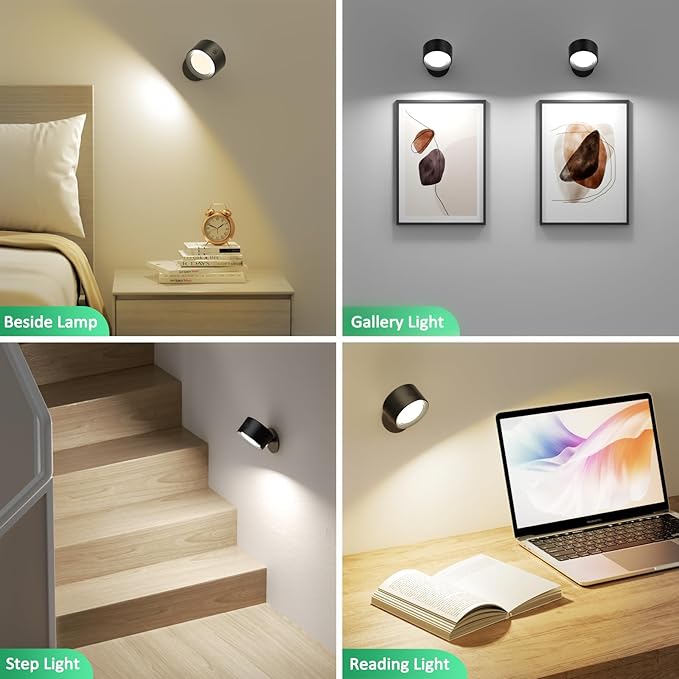 Lightbiz LED Wall Mounted Lights 2 Pcs with Remote, Wall Sconces Lamp 3000mAh Rechargeable Battery Operated, 3 Color Temperatures & Dimmable Magnetic 360° Rotation Cordless Light for Bedroom Bedside