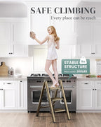 GameGem 3 Step Ladder, Folding Step Stool with Wider Pedal, Anti-Slip Feet & Non Slip Stripes, Aluminum Sturdy Material, 300Lbs Capacity, Elegant Look of Champagne Gold Better Matches Your Home