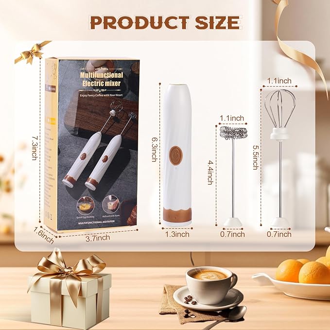 Milk Frother Handheld Rechargeable,Hand Mixer Electric Whisk with 2 Speeds,Drink Mixer Coffee Frother With 2 Stainless Steel Whisks for Coffee, Matcha, Lattes, Cappuccino,Egg,No Stand,Brown