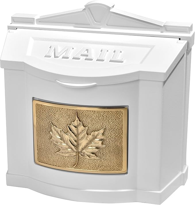 Gaines Wallmount Mailbox - Powder Coated Aluminum with Solid Brass Accents - Mounting Hardware Included (White with Polished Brass Leaf)