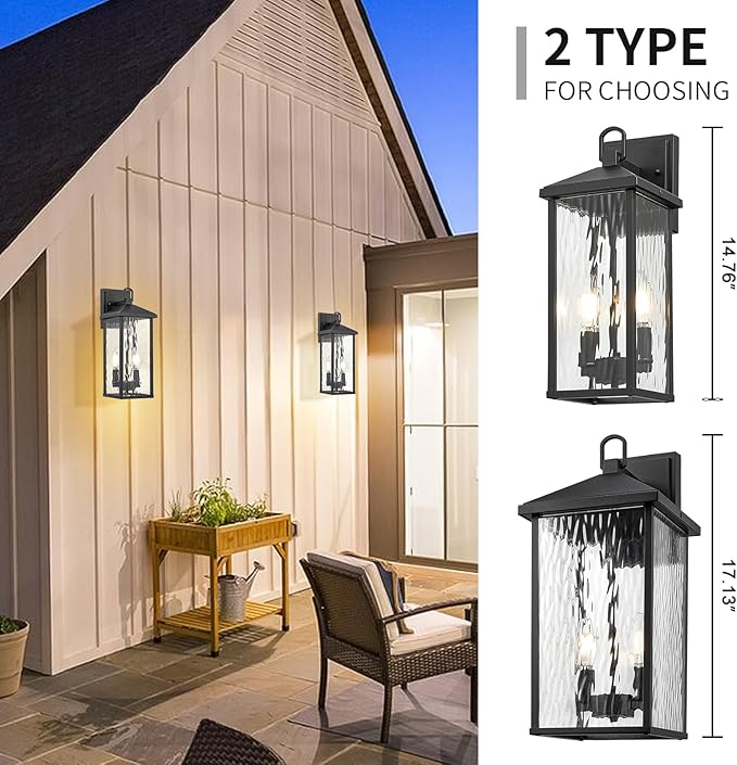 Darkaway Outdoor Wall Lights, Exterior Lighting Fixtures Wall Mount Porch Lights Waterproof Outdoor Sconce with Water Ripple Glass E12 Socket for House Patio Hallway Garage