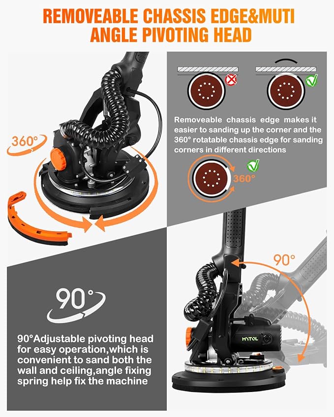 Electric Drywall Sander with Vacuum Dust Collection, Variable Speed, LED Light, Foldable Handle, Sanding Discs & Grids