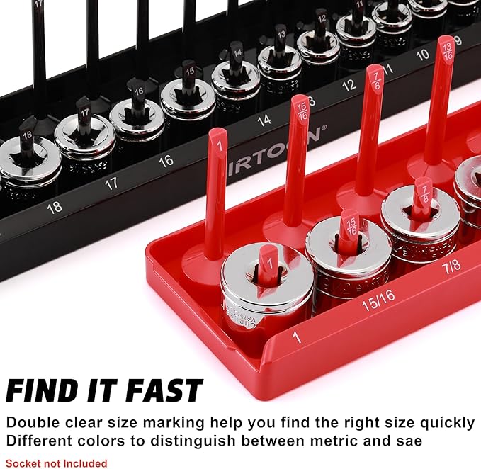 AIRTOON 1/4-Inch & 3/8-Inch Drive Socket Organizer Trays, 4-Piece SAE and Metric Socket Tray Set, Deep and Standard Socket Holders Organizers for Toolbox, Black & Red