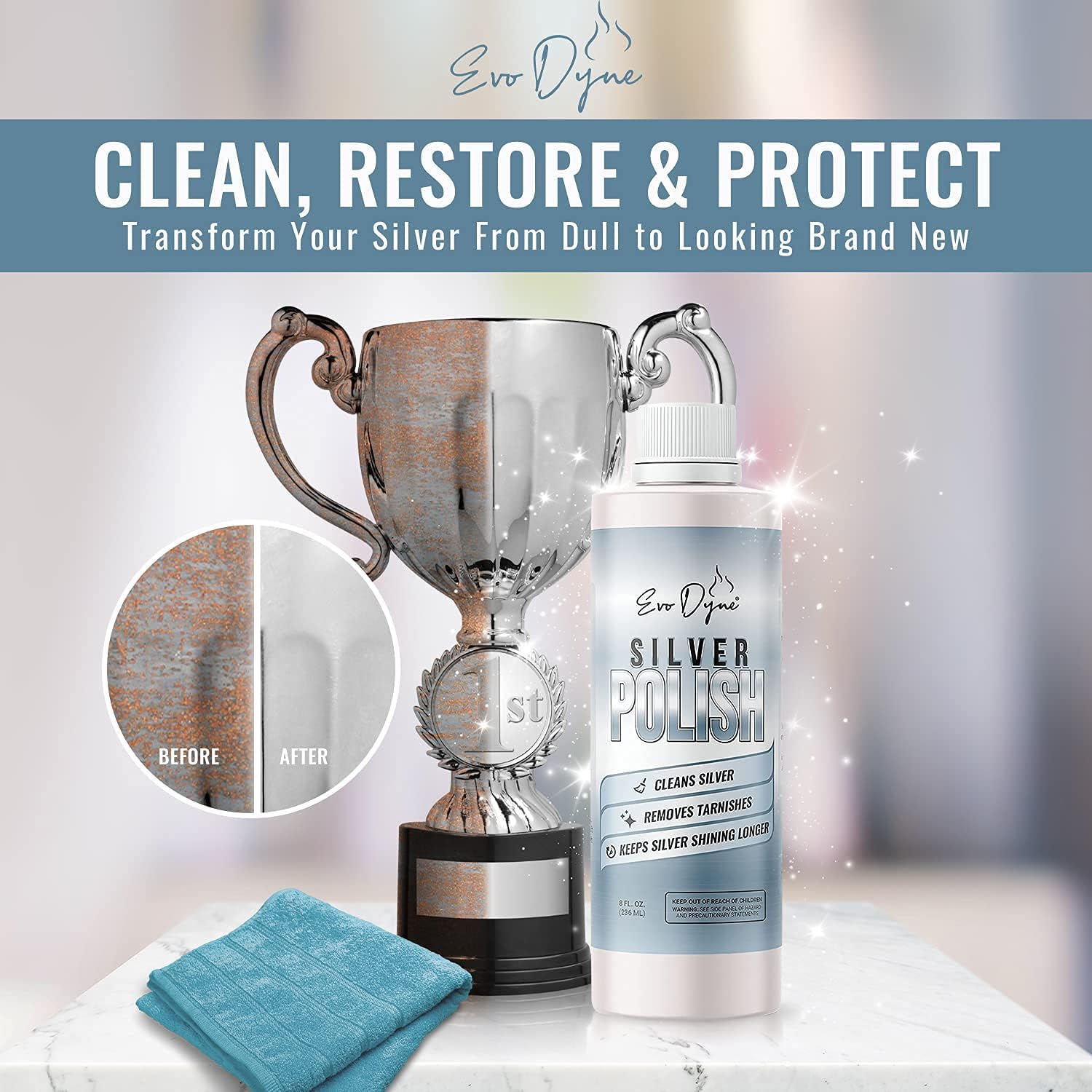 Silver Polish, Silver Cleaner (8-oz Bottle), Made in the USA | Silver Jewelry Cleaner – Gently Removes & Prevents Tarnish | Safe to Use on All Silvers by Evo Dyne (Silver Polish)