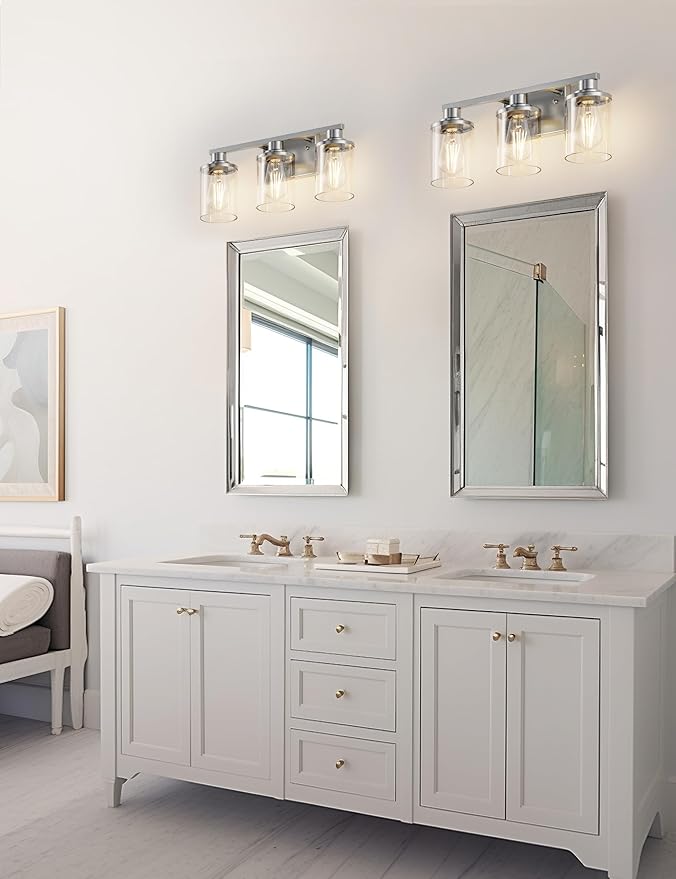 DORESshop Bathroom Light Fixtures, 3-Light Brushed Nickel Bathroom Lighting Fixtures Over Mirror with Clear Glass Shade, Modern Wall Sconce for Mirror Bedroom Hallway, ETL Listed