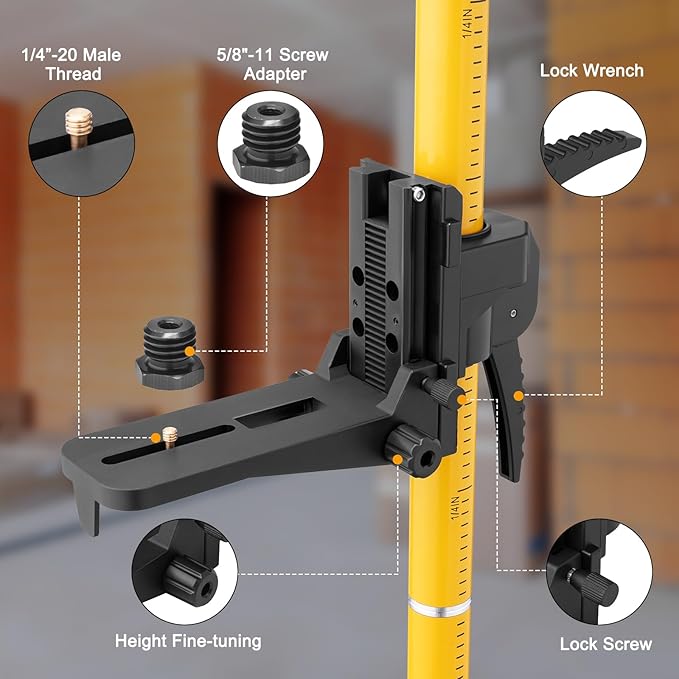 Laser Level Pole with Tripod, Professional 12 Ft./3.7M Telescoping Pole Laser Stand Tall Mount for Rotary Line Lasers, Aluminum Material with 1/4" & 5/8" Threaded Mount Adapter, with Bag