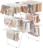 SONGMICS Clothes Drying Rack, Foldable 3-Level Laundry Rack, Free-Standing Large Drying Rack, with Height-Adjustable Wings, 39 Drying Rails, Sock Clips, White and Gray ULLR054W01