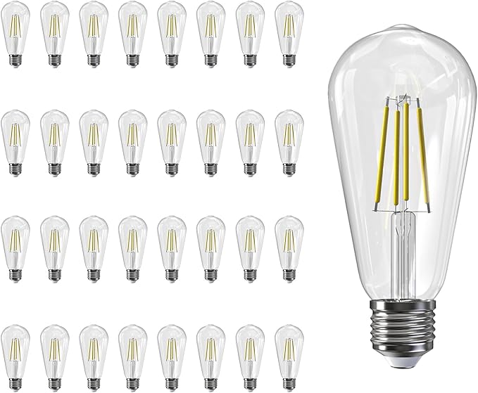 Jensense LED Edison Light Bulbs 8 Watt Dimmable 5000K Daylight White, E26 60 Watt Equivalent, Vintage Bulbs 800lm CRI 90 Clear Glass 32 Pack