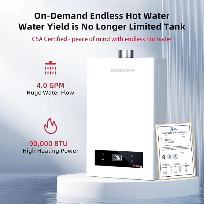 MIZUDO Tankless Water Heater Propane Indoor, Max 4.0 GPM 90,000 BTU CSA Certified Constant Temp High Power On Demand Hot Water Heater, for Whole House or Apartment, Gen 2