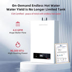MIZUDO Natural Gas Tankless Water Heater Indoor, Max 4.0 GPM 90,000 BTU CSA Certified Constant Temp High Power On Demand Hot Water Heater, for Whole House or Apartment, Gen 2