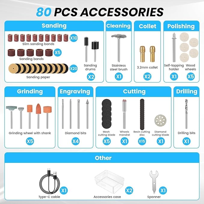 HARDELL Cordless Rotary Tool 4V, 6-Speed Mini Rotary Tool with Digital Display, 80Pcs Accessories, Type-C Charging Multi-function Engraving Tool for Cutting, Sanding, Grinding, Drilling