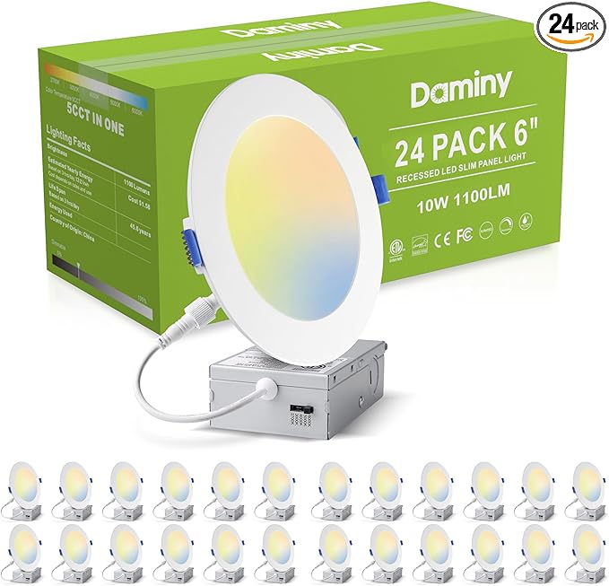 DAMINY 24 Pack 6 Inch LED Recessed Lighting with Junction Box,5CCT,Ultra-Thin Recessed Light,10W 1100lm, Dimmable Canless Wafer Ceiling Light, High Brightness - ETL