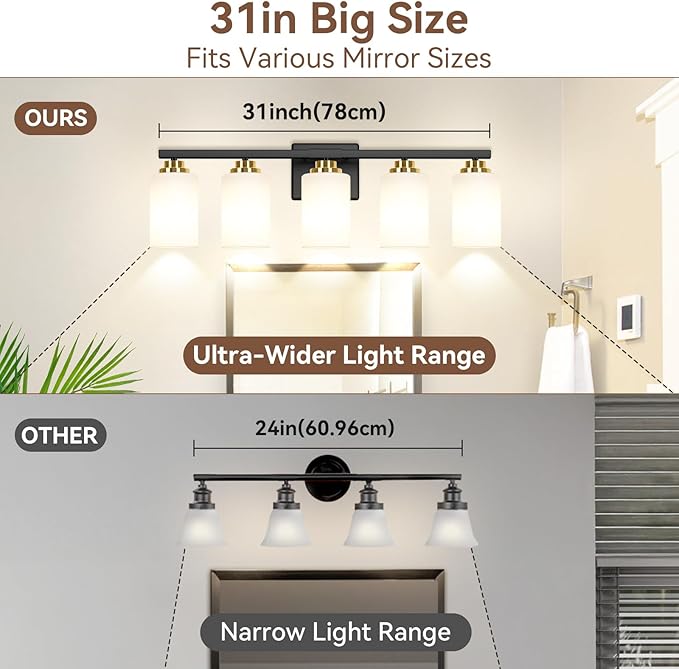 5-Light Bathroom Light Fixtures, 31" Modern Vanity Lights Over Mirror with Milky White Glass Shade, Black & Gold Light Fixture, Classic Wall Light Fixture for Mirror Living Room Cabinet Bedroom Porch