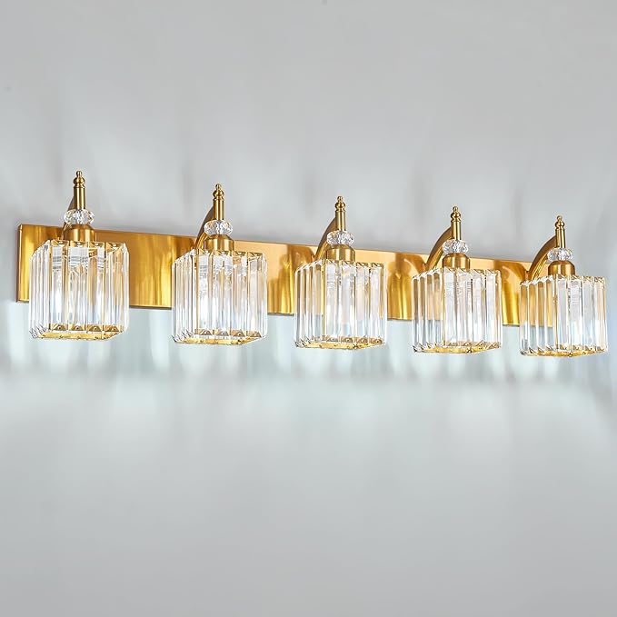 5-Light Crystal Vanity Lights - Gold, Modern Over-Mirror Bathroom Light Fixtures