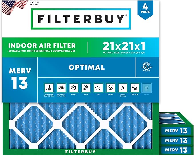 Filterbuy 21x21x1 Air Filter MERV 13 (MPR 1900) Health Defense Replacement (4-Pack), Electrostatic Pleated HVAC AC Furnace Filters, Made in USA (Actual Size: 20.88 x 20.88 x 0.75)
