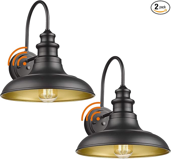 Dusk to Dawn Sensor Outdoor Barn Light Fixture, 12.3 Inch Dome Outdoor Wall Sconce Farmhouse Wall Mount Lights Exterior Gooseneck Light Fixture Black Finish Industrial Wall Lantern for Porch, 2Pack