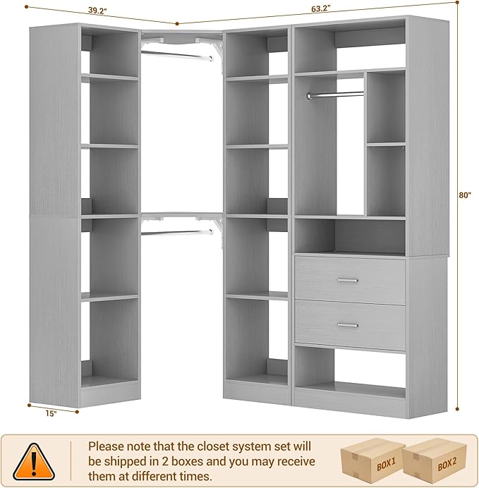 Corner Closet System with 2 Sets, 63.2" Corner Closet Organizer System with 2 Drawers + 18 Shelves + 3 Hanging Rods, Reversible L Shaped Walk-in Closets, Grey (63.2" L x 39.2" W x 80" H)