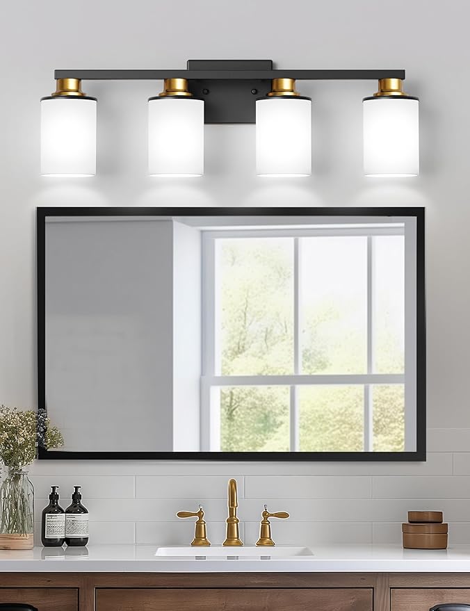 DORESshop 4-Light Black and Gold Bathroom Light Fixtures Over Mirror with Milk Glass Shade, Modern Vanity Lights, ETL Listed