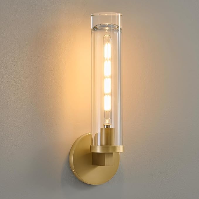 Modern Crystal Brass Gold Sconce: 14.5” Vintage Bathroom Sconce With Bulb - Clear Crystal Glass Tube Hardwired Mirror Vanity Light- Luxury Antique Indoor Brushed Gold Wall Lamp for Bedroom Living Room