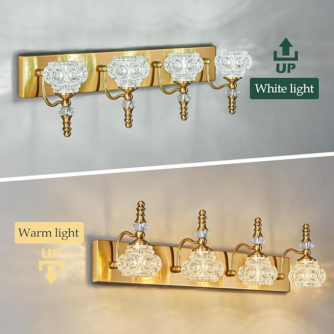 Modern Glass Crystal Vanity Light - Vintage Bathroom Lighting Fixtures Over Mirror, 4 Light Vanity Lights G9 Bulb (27.55 Inch, Gold)