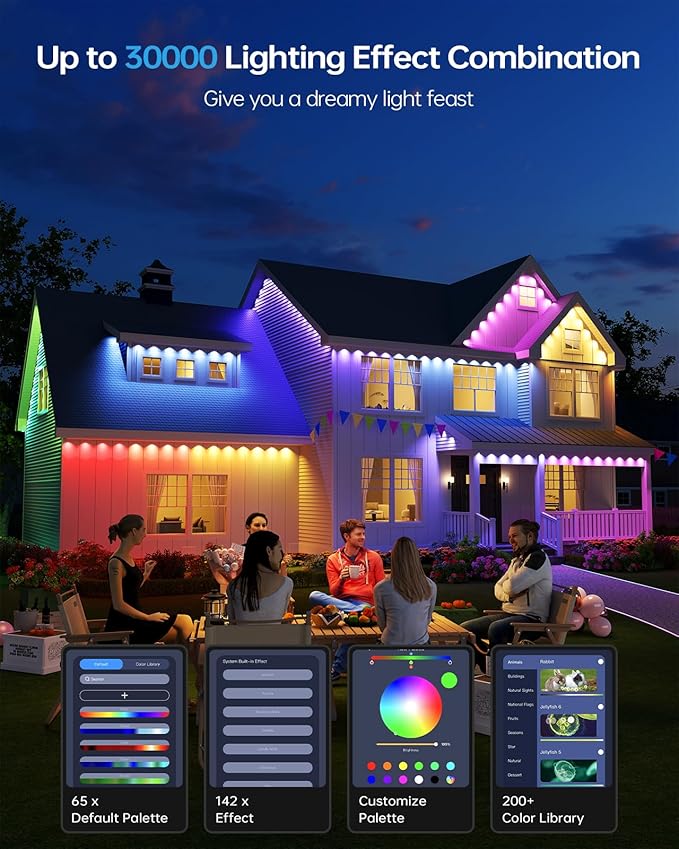 ASAHOM AI Permanent Outdoor Lights S107B, 100FT with 72 RGBCW LED Lights and Dual Output, 30,000 Lighting Effect Combination, IP67 Waterproof for House Halloween Christmas and Daily Decoration, White