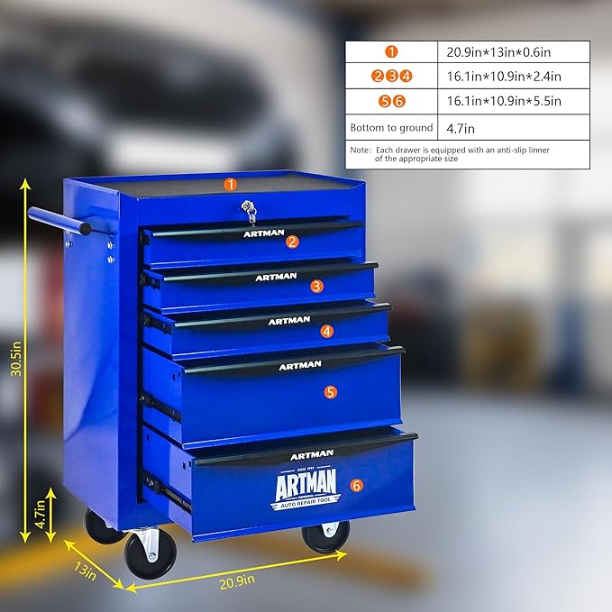 5-Drawer Steel Rolling Tool Cart with Wheels & Handle, Heavy-Duty Tool Chest Storage Cabinet for Garage and Workshop