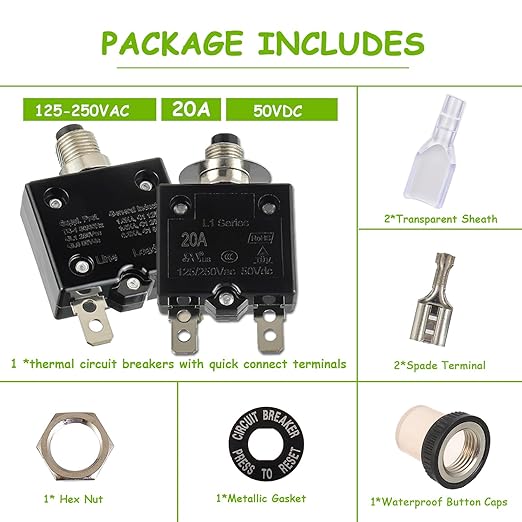 20A Manual Reset Push Button Circuit Breaker 125/250V AC 50V DC Thermal Overload Protector with Quick Connect Terminals and Waterproof Button Caps Assortment Kit(Pack of 1 pcs)