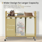 Laundry Hamper, Laundry Basket, Laundry Sorter with 3 Removable Bags, Clothes Basket with 3 Compartments, Wheels, Shelf for Laundry Room Bathroom Bedroom (3 Bags-Golden)