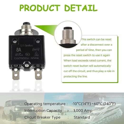 8A Manual Reset Push Button Circuit Breaker 125/250V AC 50V DC Thermal Overload Protector with Quick Connect Terminals and Waterproof Button Caps Assortment Kit(Pack of 2 pcs)