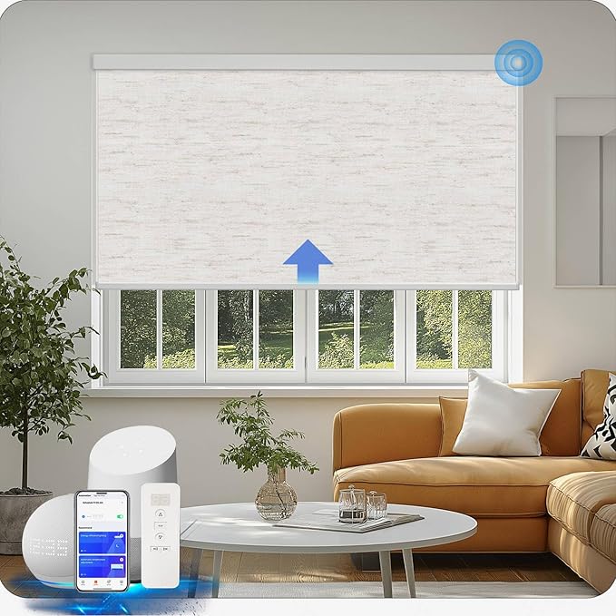 Motorized Blinds with Remote Cordless Automatic Motorized Shades Custom Blinds for Windows Smart Curtains Compatible with Alexa Google Home(Blackout Linen Sandy Beach,W35 x H72in)