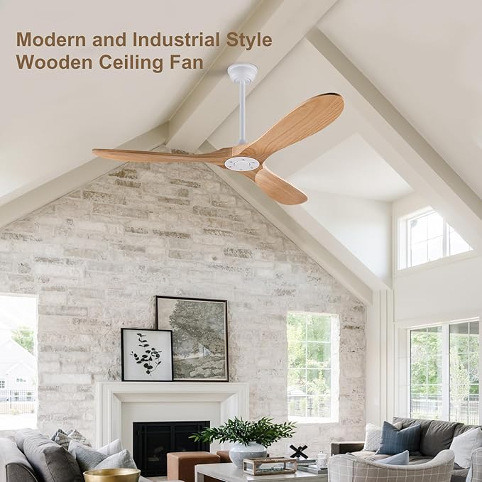 52 Inch Ceiling Fans Without Light, Solid Wood Ceiling Fan No Light with 3 Blades and Remote Control, DC Motor, Indoor Outdoor Ceiling Fans for Patio, Garage, Living Room, Bedroom, Office