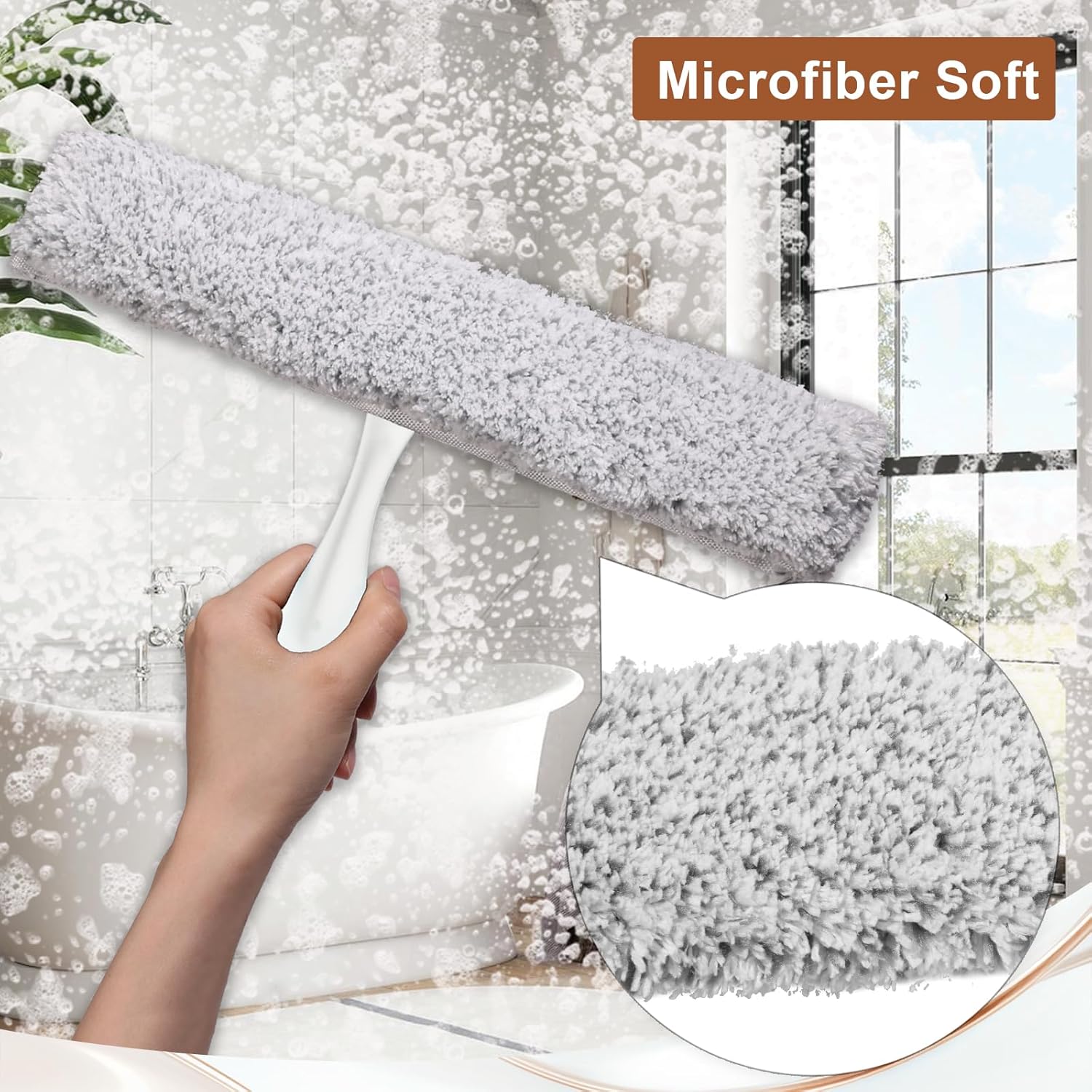 Shower Squeegee for Glass Doors & Microfiber Scrubber Kit 11Inch Window Washing Tools with Non-Slip Handle and Adhesive Hook