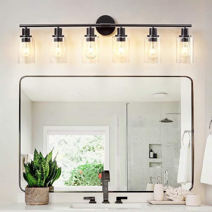 DLLT 6-Light Bathroom Light Fixtures: Black Modern Vanity Lights with E26 Bulbs - Clear Glass Shade Bathroom Wall Lamp for Mirror Kitchen Living Room Hallway Cabinet Porch