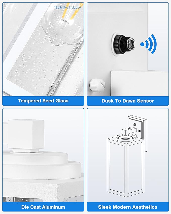 VIANIS Dusk to Dawn Outdoor Lighting, 2-Pack Large Size White Exterior Light Fixtures with Tempered Seed Glass, Waterproof Outdoor Wall Light Fixture, Anti-Rust Porch Lights Outdoor for Porch, Garage