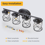 4-Lights Bathroom Light Fixtures, Matte Black Modern Vanity Light Over Mirror, Bathroom Wall Lamp for Mirror Kitchen Living Room Hallway Porch, Farmhouse Wall Lights with Clear Glass Cage Shade
