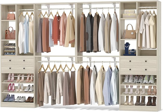 10FT Closet System with 4 Drawers, 120" Closet Organizer System with 6 Hanging Robs & Reversible Hanging Shelving, Closet Systems for Walk-in Closets, Load 2000+LBS, Greige Oak 2 Pack