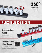 3/8" Magnetic Socket Holder Organizer - Aluminum Alloy Socket Rail Tray for Tool Box Drawer, Socket Rack with Extra 2Pcs Replacement Clips for Automotive Garage(Red)