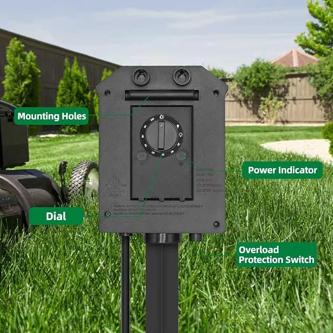 TiFFCOFiO Outdoor Power Strip Timer, Dusk to Dawn Light Sensor Countdown, 6 Feet Extension Cord Waterproof, 6 Grounded Outlets for Halloween and Christmas Decorations, ETL Listed (6 FT)