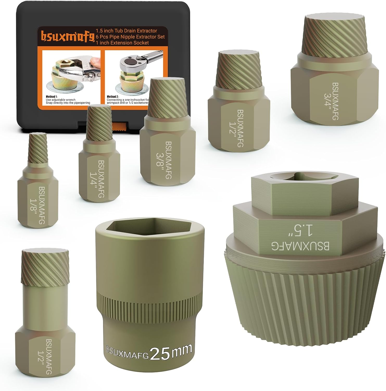 1.5" Tub Drain Extractor, 8PCS Pipe Nipple Extractor, Strong Grab Plumbing Tools, Remove The Old, Stubborn, Broken, Rusted Drain Tub Bathtub Stopper, with Solid Storage Case