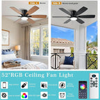 52inch Brown Ceiling Fans with Lights and Remote/App Control, Low Profile Ceiling Fan with Light and 6 Double-Side blades, Flush Mount, LED/RGB Dimmable DC Reversible Modern Ceiling Fan for Bedroom