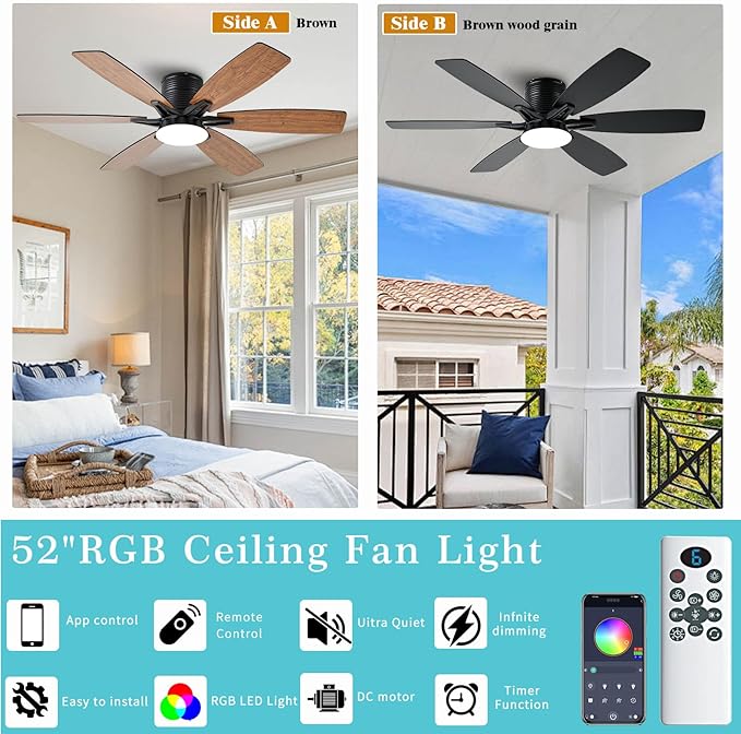52inch Brown Ceiling Fans with Lights and Remote/App Control, Low Profile Ceiling Fan with Light and 6 Double-Side blades, Flush Mount, LED/RGB Dimmable DC Reversible Modern Ceiling Fan for Bedroom