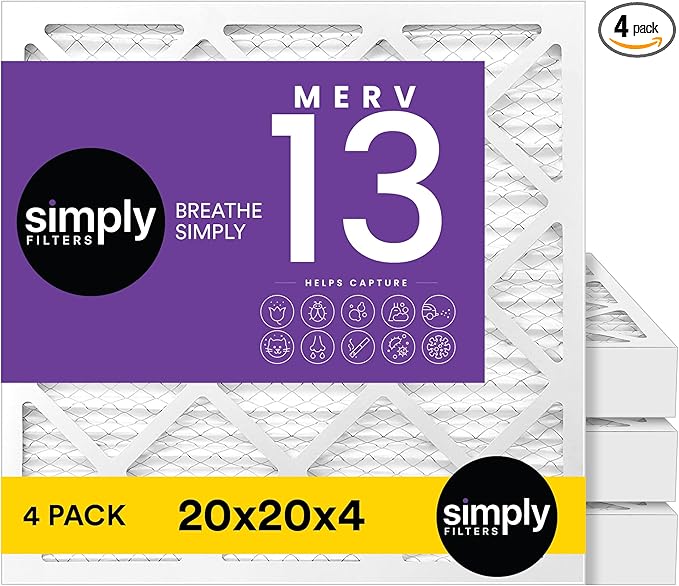 Simply 20x20x4 Air Filter, MERV 13, MPR 1500, 4 Pack, Furnace Air Filter for HVAC (Actual Size:19.5"x19.5"x3.63") DUST, Pet, & Allergy Control
