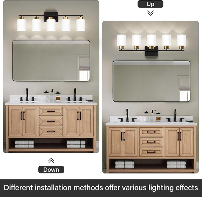 Black and Gold Bathroom Light Fixtures, 5-Light Modern Vanity Light Over Mirror, Wall Sconces with Milky White Frosted Glass Shades, E26 Socket (Bulbs Not Included)