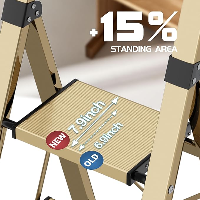 4 Step Ladder, Lightweight Folding Step Stool with Anti-Slip Aluminum Wide Pedal& Convenient Handgrip, 330lbs Capacity Steel Ladder for Household and Office (Gold)